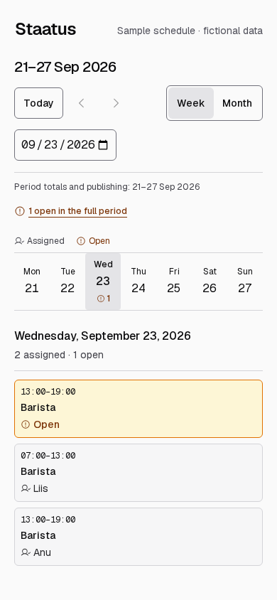 Staatus schedule example showing an open barista shift and assigned shifts.